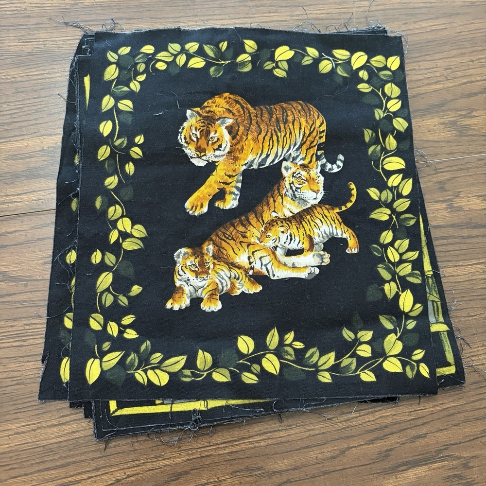 Vintage Tiger Family Fabric Quilt Blocks Lot Of 6 Jungle 11x11 Sewing Craft